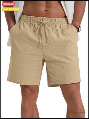 Men's Linen Shorts Elastic Waist Drawstring Summer Casual